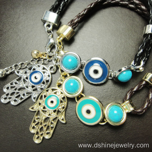 Handmade Blue Evil Eye Leather Bracelet With Hamsa Pendant